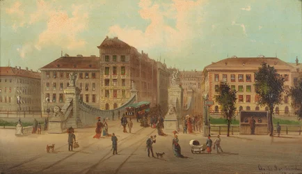 Az Aspernbrucke Wienn -ben: élénk utcakép villamosokkal Bécsben, 1878 link